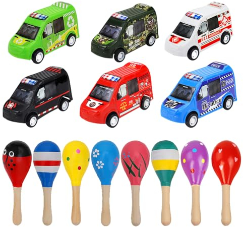 SHDIEHJFMLDH 14 Stück Mini Hölzerne Maracas,Percussion Maracas, Musik Rasseln Shaker,Sandhammer Hölzernes schlaginstrumente Pull Back Spielzeugautos für Kinder Bildungsspielzeug