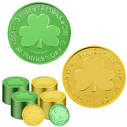 GCCL 100 Pieces St. Patrick's Day Gold Coins - Plastic Green and Gold Shamrock Tokens Lucky Leprechaun Coins, 3-Leaf Clover Coin for Pot-o-gold Party Favors Irish-Theme Decoration