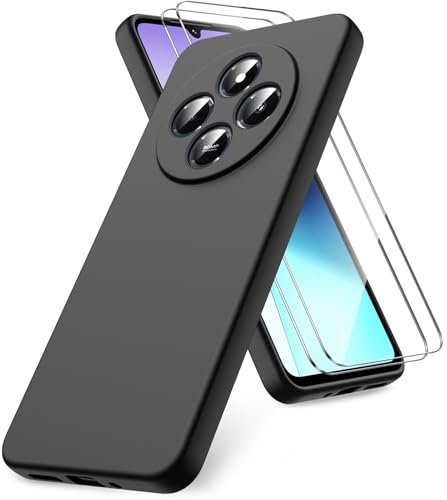 Vansdon Funda Compatible con Xiaomi Redmi 14C/Xiaomi Poco C75, 2 Unidades Protector Pantalla Cristal Templado, Silicona Líquida Gel Ultra Suave Funda- Negro