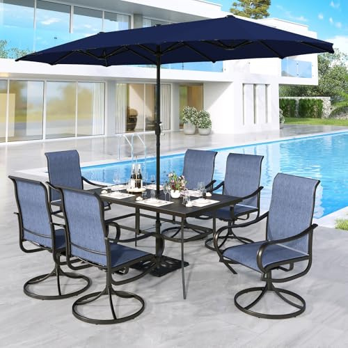 MFSTUDIO Set da pranzo per 6 persone, set di mobili da giardino con ombrellone blu navy (base non inclusa), tavolo rettangolare da esterno e sedie girevoli blu navy, set per patio, terrazza, cortile