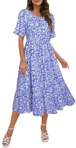 STYLEWORD Women Summer Dress Floral Short Sleeve Ladies Casual Swing Midi Dress with Pockets