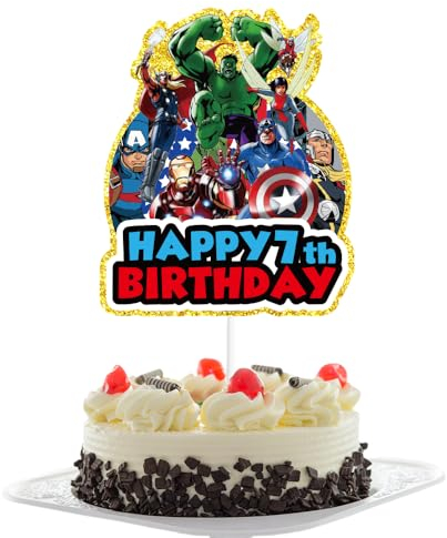 Aven-ger Hero Cake Topper 7th for Boys,Kids Birthday Cake Decorations,Marvel Cartoon Theme Cake Cupcake Topper Spider Hero Happy 7th Birthday Cake Toppers for Kids,Boy,Avenger 7th Party Cake Decor