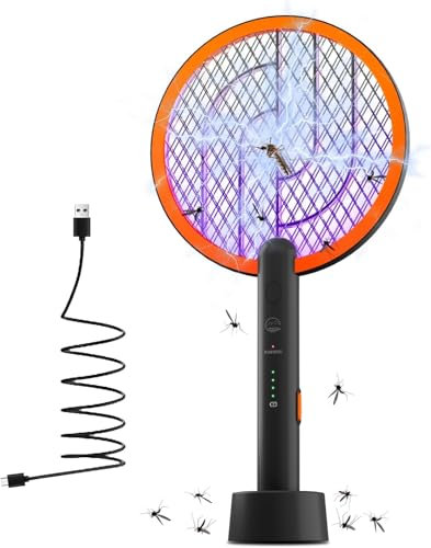 Mosiller Elektrische Fliegenklatsche, 2 in 1 Elektrische Fliegenklatsche & 4000V Insektenvernichter mit Ladestation, Tragbarer Mückenklatsche und UV Lampe mit Sicherem Netz für Drinnen-Schwarz(1 Pack)