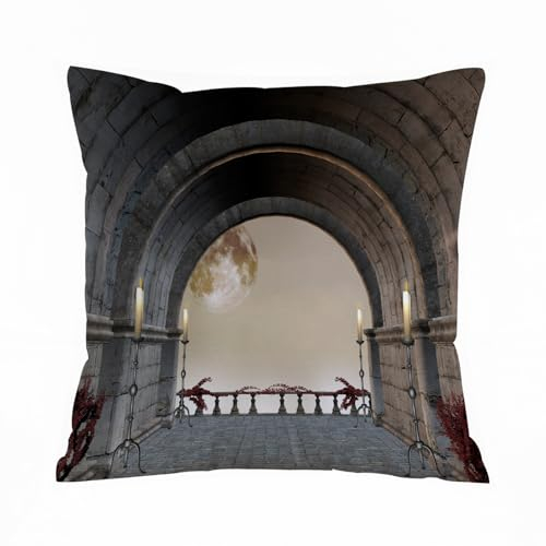 AELKSP Kissenbezug Kissenhülle Haus Dekorativ Für Jungen/Mädchen Wohnzimmer Schlafzimmer Sofa Stuhl Kissenbezüge,Mittelalterlicher Balkon aus Steinschloss mit Kerzen, Renaissance-inspirierte,40x40 cm