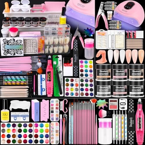 Kit d'ongles en acrylique, ensemble de poudre acrylique, perceuse à ongles électrique, lampe à ongles en acrylique 3D, fournitures de manucure pour débutants avec tout (6 couleurs au choix)