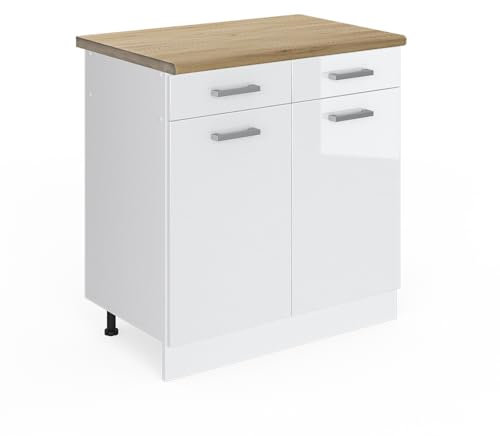Vicco Mueble bajo de Cocina R-Line, Blanco Alto Brillo, 80 cm ET Roble