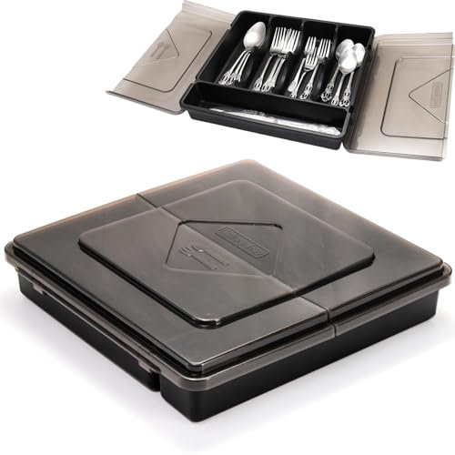 Dicunoy Cutlery Organizer Box with Lid, Covered Utensil Drawer Organizer Tray for Kitchen, 5 Compartments Plastic Black Cutlery Flatware Storage Box for Spoons Forks Knives, Office, RV, Countertop