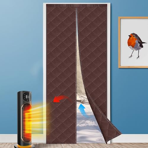 Magnetic Thermal Door Curtain, Insulated Door Curtain, Temporary Door, Door Cover, Durable Upgraded Oxford Cloth & Thicken Cotton Fill, Soundproof and Windproof (Brown, Fits Door Size 30 x 80)