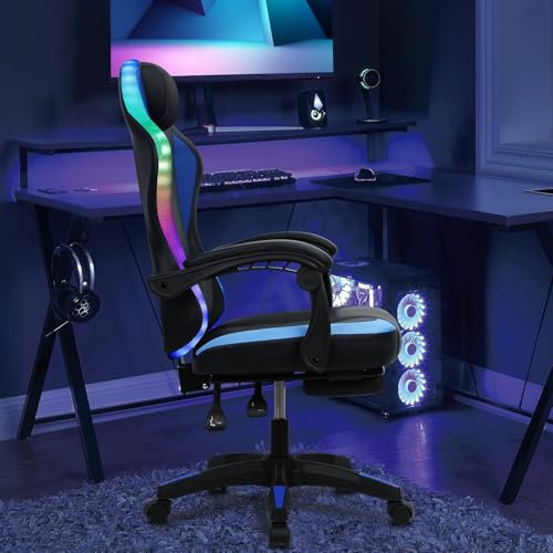 Gaming Chair with LED RGB Lights and Footrest, Ergonomic Computer Chair with Adjustable Recline, High Back Support, Massage Lumbar Cushion, Faux Leather Game Chair for Adults, Tall Gamers Blue