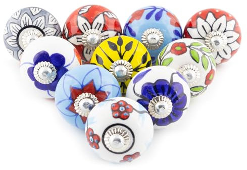 ETHNICITI 10 x Multicolour Flower Handpainted Round Ceramic Door Knobs Cupboard Drawers Cabinets Wardrobe Assorted Vintage Shabby Chic Kitchen Bedroom Living Furniture Dresser Pulls Handles - Design 1