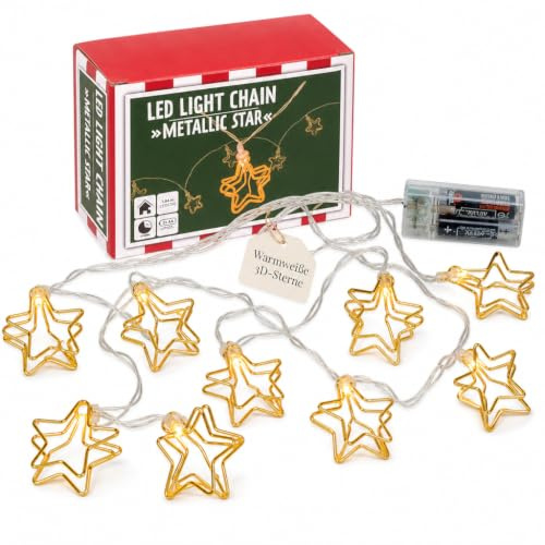 MIJOMA Sternen-Lichterkette, 3D Sterne aus goldfarbenem Metall, 10 LED, 6-Stunden-Timer, 1,84m, Weihnachtsschmuck, batteriebetrieben, dekorative Beleuchtung