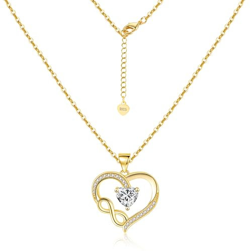 Damen Halskette Gold Ketten 14K Vergoldet Verstellbares Herz Anhänger Zirkon Strass Unendlichkeit Liebe - Damen Frauen Schmuck Ketten