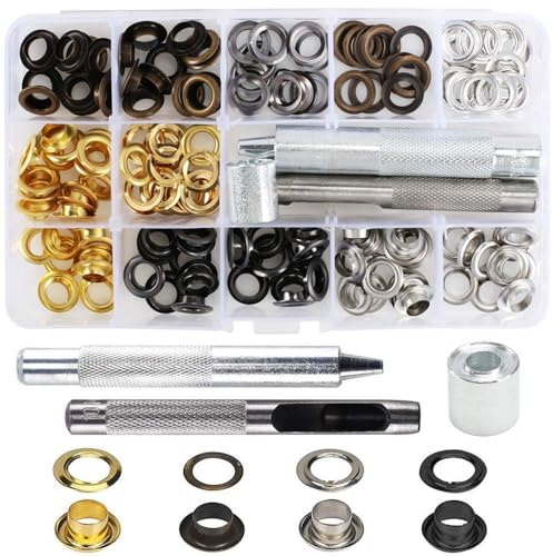 Luabue 203-teiliges Federmäppchen mit Metallösen, Grommet und Ösen, 8 mm, Metallösen, Reparaturwerkzeug für Kleidung, Tasche, Leder, Segeltuch, Schuhe, Basteln – 4 Farben