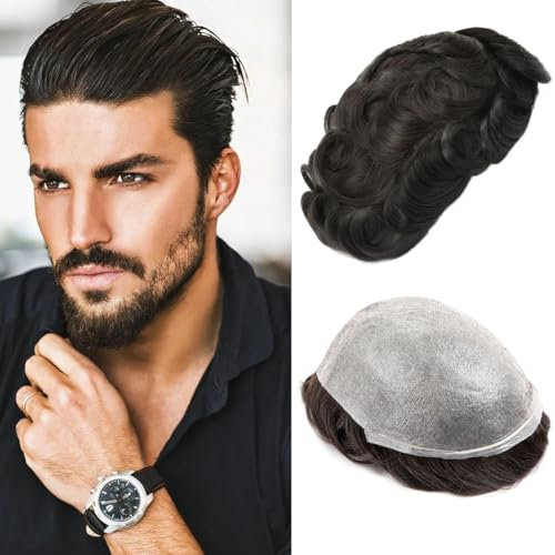 Herren-Toupet Echthaar Ultradünnes 0,03mm Hauttoupet für Männer Leichtes Haarteil mittlerer Dichte Basisgröße 8x10 Zoll 100% Echthaar-System für Männer （1B off Schwarz）