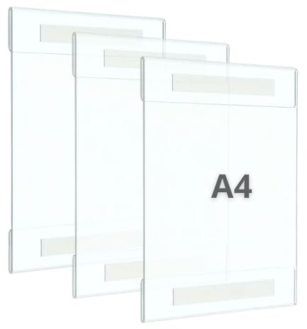 Expositor metacrilato A4 de pared, pack 3 unidades, soporte acrílico para carteles A4 con cinta doble cara, porta documentos, marco de acrílico, portafolios transparente.