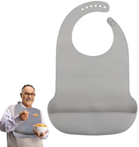 EASYKEENECOM Bavoir Imperméable Pour Adulte Avec Ramasse-miettes En Silicone, Réglable, Réutilisable, Tablier Avec Poche Pour Personnes Âgées, Adultes, Gris, L(43 * 30cm)
