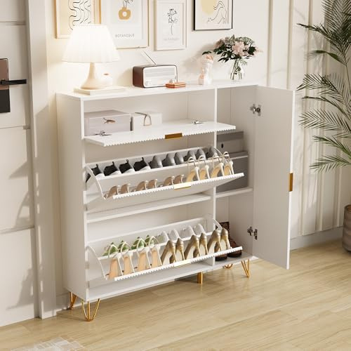 KeepGoon Zapatero 110 × 24 × 120 cm, 3 cajones, 1 puerta, zapatero de lujo moderno y ligero con almacenamiento, con patas de metal, blanco, entrada, tablero de partículas