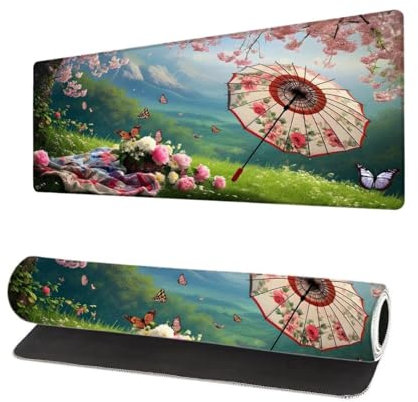 Grand Tapis de Souris XXL 900x400x3mm, Tapis de Souris Gamer Fleur avec Surface en Antidérapant Résistant à l'eau Tapis de Bureau Mouse Pad Parapluie, sous Main Souris à Bords Cousus pour Bureau G-3