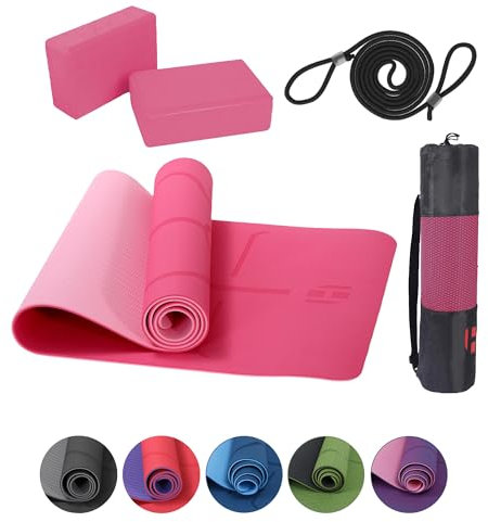 Habib Gruppe Yoga-Set mit 2 Blöcken – Gepolsterte rutschfeste Trainingsmatte für Fitness, Tragetasche mit Tragegurt – Ideal für Yoga, Pilates, Meditation und Entspannung – Rosa