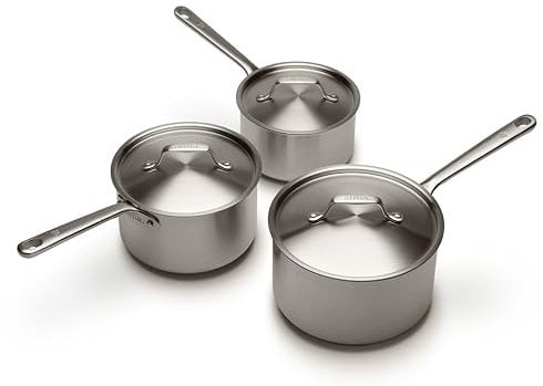 Atma – Lot de 3 Casseroles Inox 3 Plis avec Couvercles (16, 18, 20 cm) – Cuisson Homogène – Sans PFAS, PFOA, PTFE – Graduation, Bords Verseurs – Tous Feux Dont Induction – Fabriqué en France