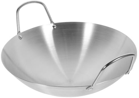 FONDOTIN Sartén Wok Acero Inoxidable Doble Asa Base Redonda Resistente Para Cocina Doméstica y Exterior Versátil Para Freír y Cocinar