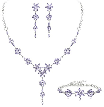 EVER FAITH Juego de joyas de boda para novia, dama de honor, diamantes de imitación, collar de flores, pendientes y pulsera para mujer, tono plateado claro