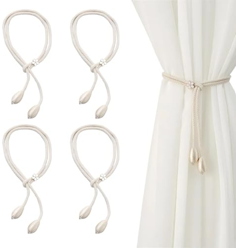 4pcs Vorhang Raffhalter, Gardinenhalter Raffhalter für Vorhänge, Curtain Rope Buckle, Embrasses à Rideaux Bohème, Cravates de Rideau Fait Main, Style Nordique, Longueur 100 cm, Couleur Beige