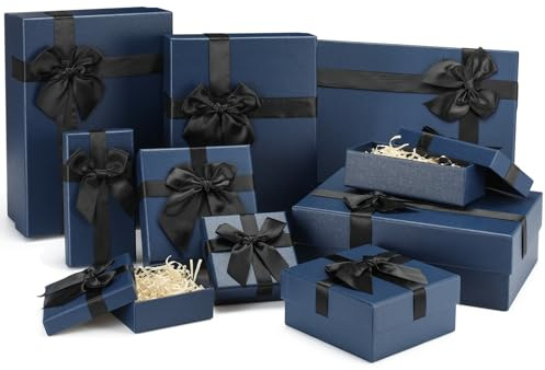Tenceur Weihnachts-Geschenkboxen mit Deckel, verschiedene Größen, Geschenkboxen für Geschenke, Box mit Band für Geburtstage, Hochzeiten, Einweihungen, Jubiläen, Valentinstag, Blau, 5 Größen, 10 Stück