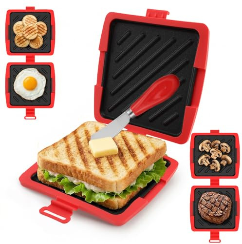 CBWERBB Microwave Toastie Maker,Detachable Non-Stick Microwave Toastie Sandwich Maker with Butter Knife,Reusable Jaffle Maker Tray,Easy Clean Kitchen Gadget for Crispy Sandwiches (Red)