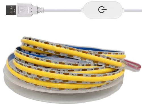 TOPXCDZ 5 V USB COB LED Strip Lights Touch Dimmer LED Flexible Diode Band for Kitchen Garage DIY TV Mirror PC Backlight Wall Decor Lights (Warm White, 1 m)