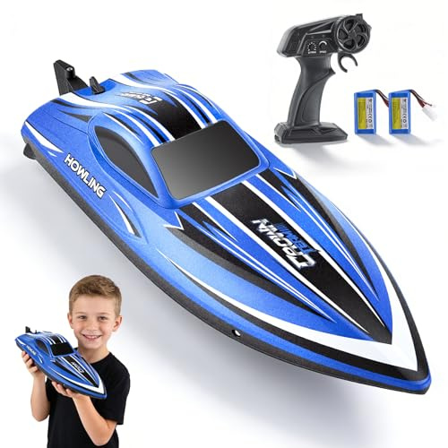 Delousiber RC Boat, High Speed Remote Control Boat for Pools & Lakes, 35km/H Self Righting RC Boats with LED Light, 2.4GHz Racing Boats, Radio Controlled Watercraft, 2 Batteries, Low Battery Alarm