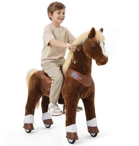 PonyCycle Modell Y Reitpferd auf Rollen | Braun | ab 7 Jahre | mit Bremse | Pferd zum Reiten für Kinder, beweglicher Sattel für echtes Laufen, leise Räder & Handbremse, Indoor & Outdoor, Größe 5