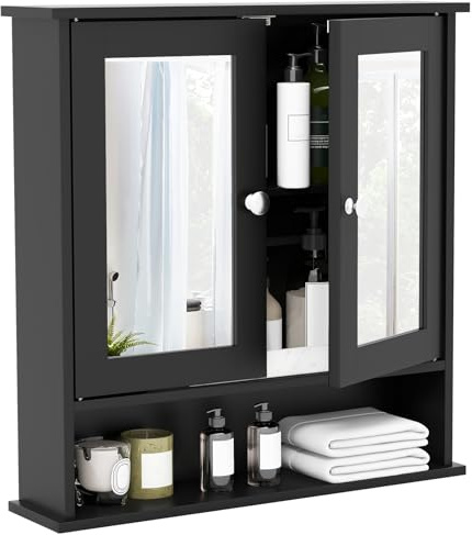Multigot Bathroom Mirror Cabinet (Black) | Wall Mounted Storage Cupboard with Double Doors & Adjustable Shelf, Wooden Storage Unit