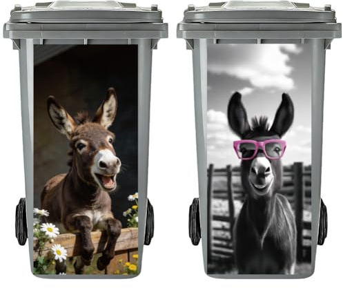 PRESSINART 2Pcs 2 Styles Wheelie Bin Stickers 15 x 32 Inch Waterproof Self Adhesive Vinyl, Trash Can Stickers Funny Donkey Dustbin Decal for Garbage Bins Yard Garden Yard Outdoor Indoor Home Decor