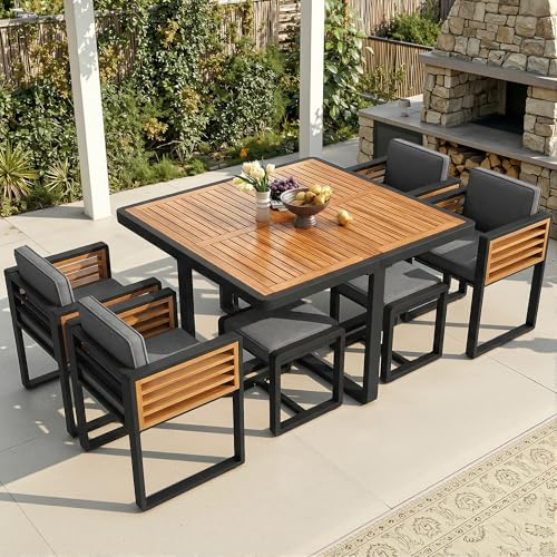 Arhatreya Gartenmöbel-Set für 6 Personen – Sitzgruppe mit 6 Stühlen & Tisch, hochwertige Essgruppe mit Tischplatte aus Massivholz – Terrassen- & Balkonmöbel