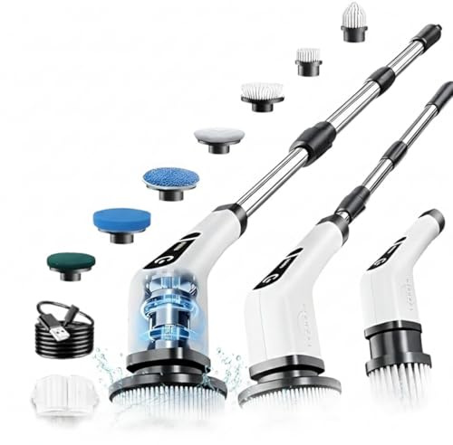 ZYLER Electric Spin Scrubber for Cleaning, Cordless Electric Cleaning Brush with 7 Replaceable Brush Heads, IPX7 Long Handled Scrubbing Brush, Rechargeable Power Scrubber for Tile, Floor, Kitchen