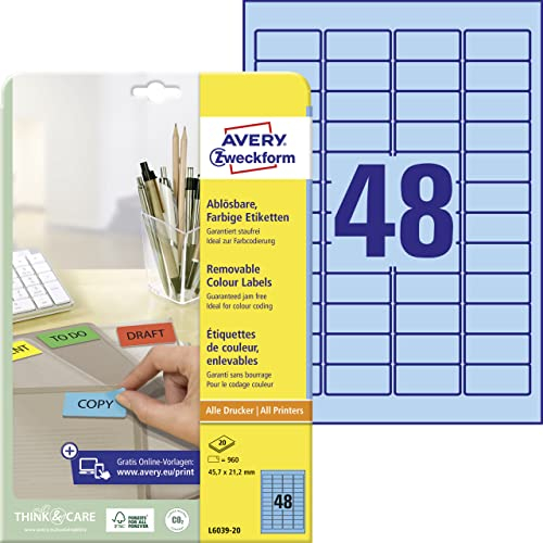 AVERY Zweckform L6039-20 Blaue Etiketten (960 Aufkleber, 45,7x21,2mm auf A4, wieder rückstandsfrei ablösbar, selbstklebende Farbetiketten, Papier matt, bedruckbare, farbige Klebeetiketten) 20 Blatt