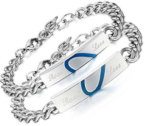 Aroncent 2PCS Herren Damen Edelstahl Gliederarmband Panzerarmband mit Real Love Herz Gravur Panzerkette Partnerarmband Armreif, Silber Blau