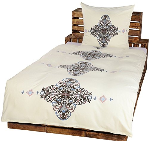 Dresscode 4 Teilige Winter Bettwäsche Set Fleece Mikrofaser Bett Kopf Kissen Bezug 2X 135 x 200 cm + 80 cm x 80 cm NEU Ornamente Orient Asiatisch Mandala Creme 4-teilig 135x200cm
