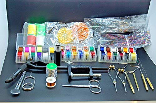 Olax Fliegenbinden Kompletter Werkzeugsatz mit Schraubstock, Tinsel, Faden, Zahnseide, Whip Finisher, Draht, Spulen, Ahle