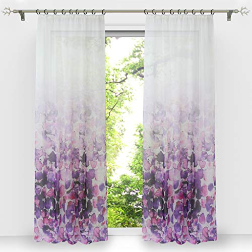 HongYa 1 Stück Voile Farbverlauf Gardine Transparenter Vorhang mit Kräuselband Blumen Druck H/B 145/140 cm