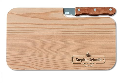 LOOXIS Planche à découper personnalisée avec couteau à bosse, nom et texte gravés - Bois de chêne, 26x15cm (Idée de cadeau pour femmes, hommes, emménagement, Saint-Valentin) Motif 2