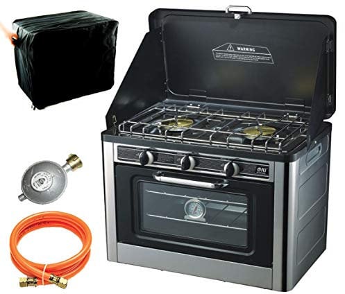 NJ 2-in-1 Gaskocher mit Gas Backofen und Deckel, 540 x 300 x 460 mm, Propan-Butan, inkl. Gasschlauch-Regler Set