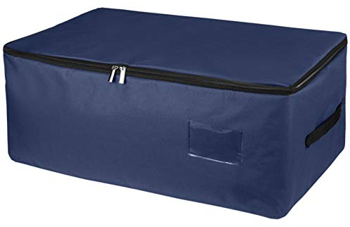 IHOMAGIC Foldable Under Bed Storage Bag, Durable Fabric Clothes Bins with Zippers and Handles, Bedding Organizer Collapsible Storage Containers for Quilt, Pillow, 22x13.7x9.8in Navy Blue 49L, S