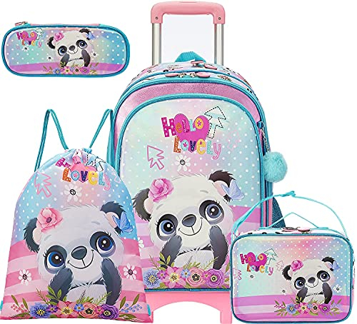 HTgroce Mochilas Escolares para niñas, Linda Bolsa de Almuerzo con Estampado de Panda para la Escuela, niñas, lonchera, Bolsillo Grande con Ruedas y Bolsas de cordón Ajustables y extraíbles