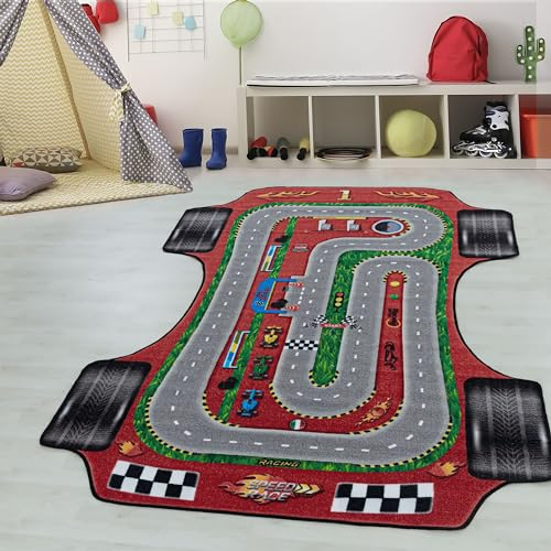 Kinderteppiche für Kinder Rennstrecke Rennauto Design Spielteppich Waschbar Jungen Teppich für Kinderzimmer Babyzimmer Spielzimmer Rechteckig Teppich in Farbe: Rot, Grösse: 200 x 290 cm