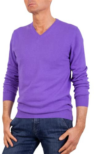 Marenza Scollo V Uomo Manica Lunga Misto Cashmere Seta Made in Italy (XL, Viola)
