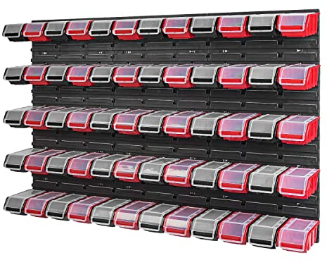 PAFEN Stapelbox Wandregal - 1158 x 780 mm - Lagersystem 60 Stück Boxen mit Deckel - Lagerregal Sichtlagerkästen Schüttenregal, Rot/Schwarz