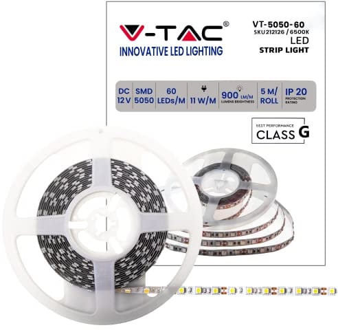 V-TAC Striscia Led da Interno SMD 5050 11W - 5 Metri - Striscia LED Adesiva per Casa, Cucina, Camera, Ambienti Interni - Luce Bianco Freddo 6500k - Strisce LED Alta Luminosità - Alimentata 12V