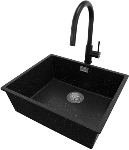 Fregadero bajo Encimera Negro Metallic 56x47cm, Granito 1 Seno + Sifón + Grifo, Al mueble 60cm - London de Primagran